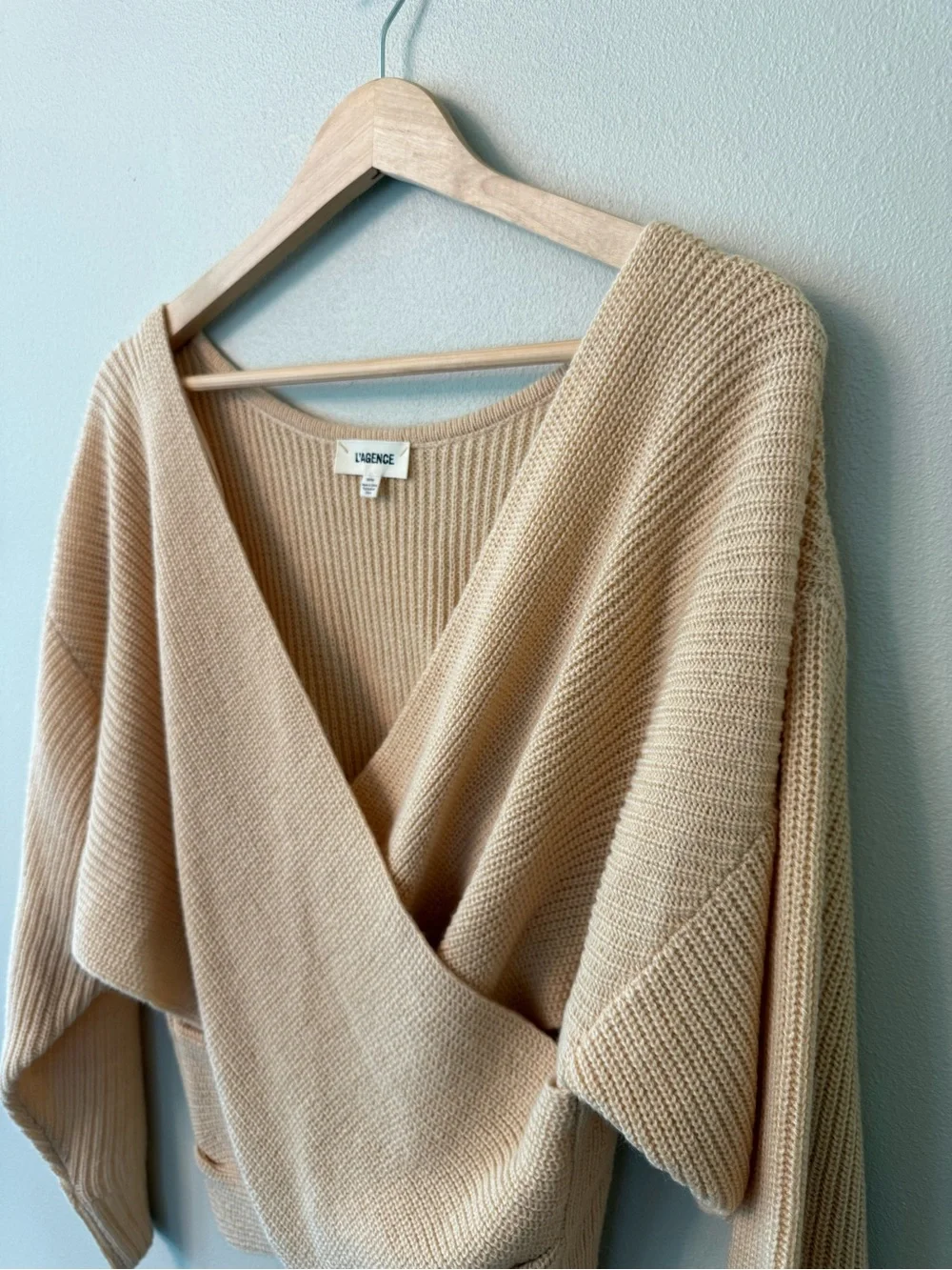 L'AGENCE Antonella Crossover Wrap Sweater Tan Sand Size M Wool Blend Knit